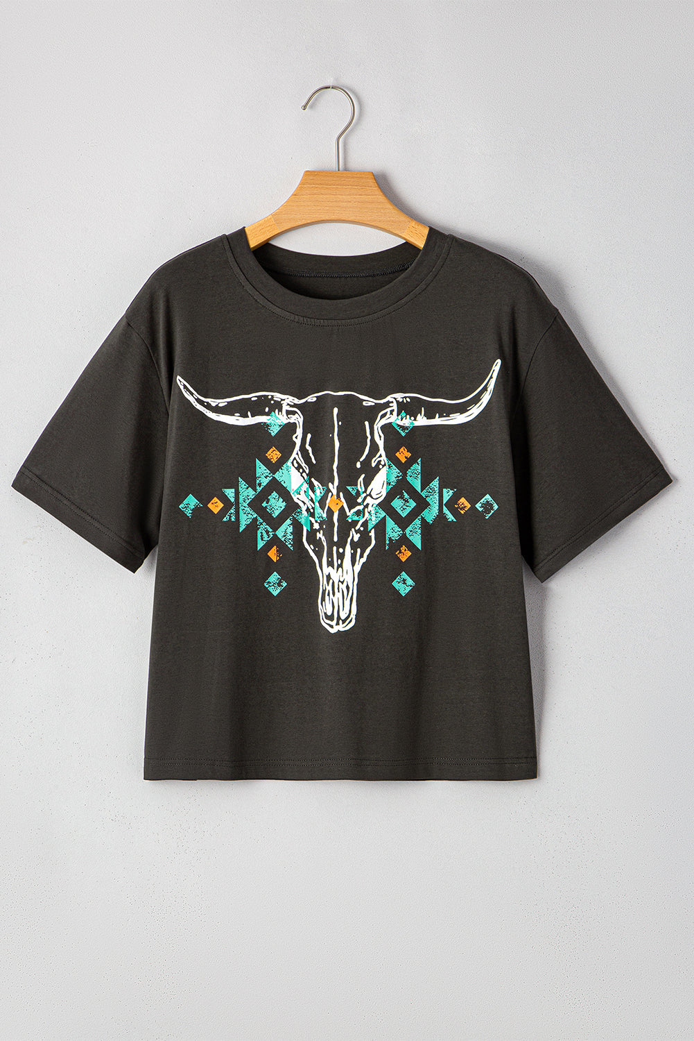 Carbon Grey Vintage Western Bull Head Skull Turquoise Aztec Graphic Top