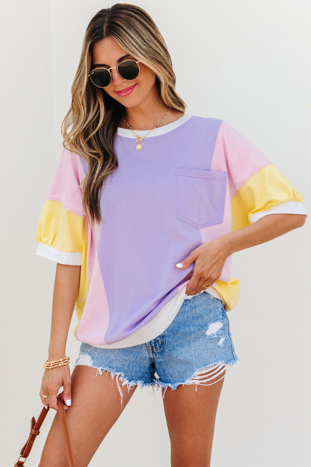 Purple Color Block Patchwork Half Sleeve Oversized Top