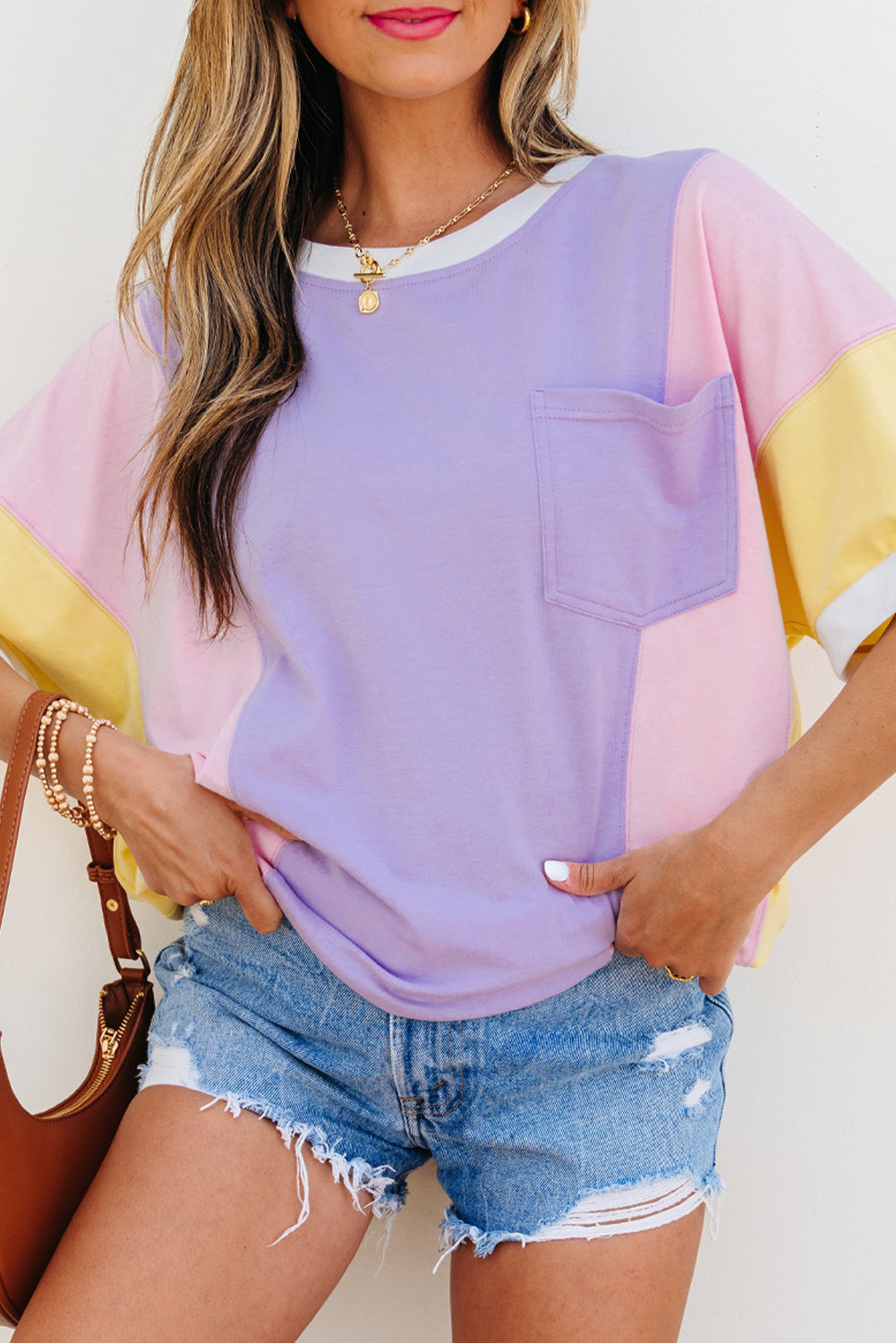 Purple Color Block Patchwork Half Sleeve Oversized Top