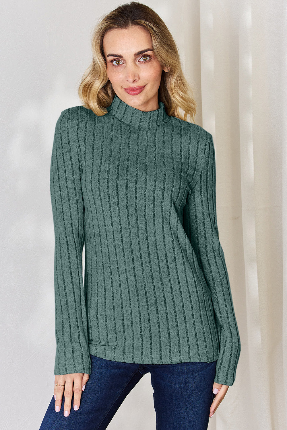 Basic Bae Full Size Ribbed Mock Neck Long Sleeve Top