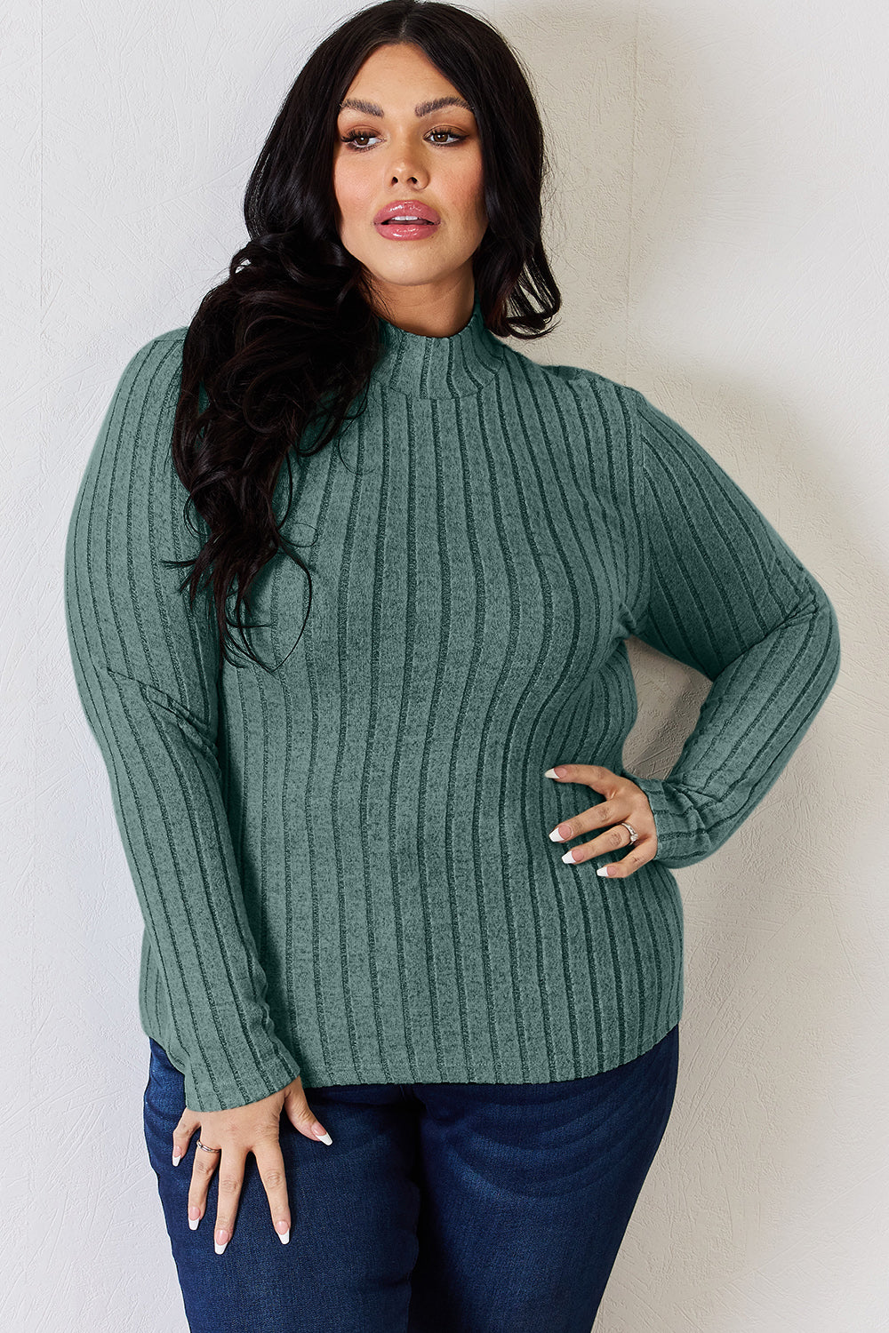 Basic Bae Full Size Ribbed Mock Neck Long Sleeve Top