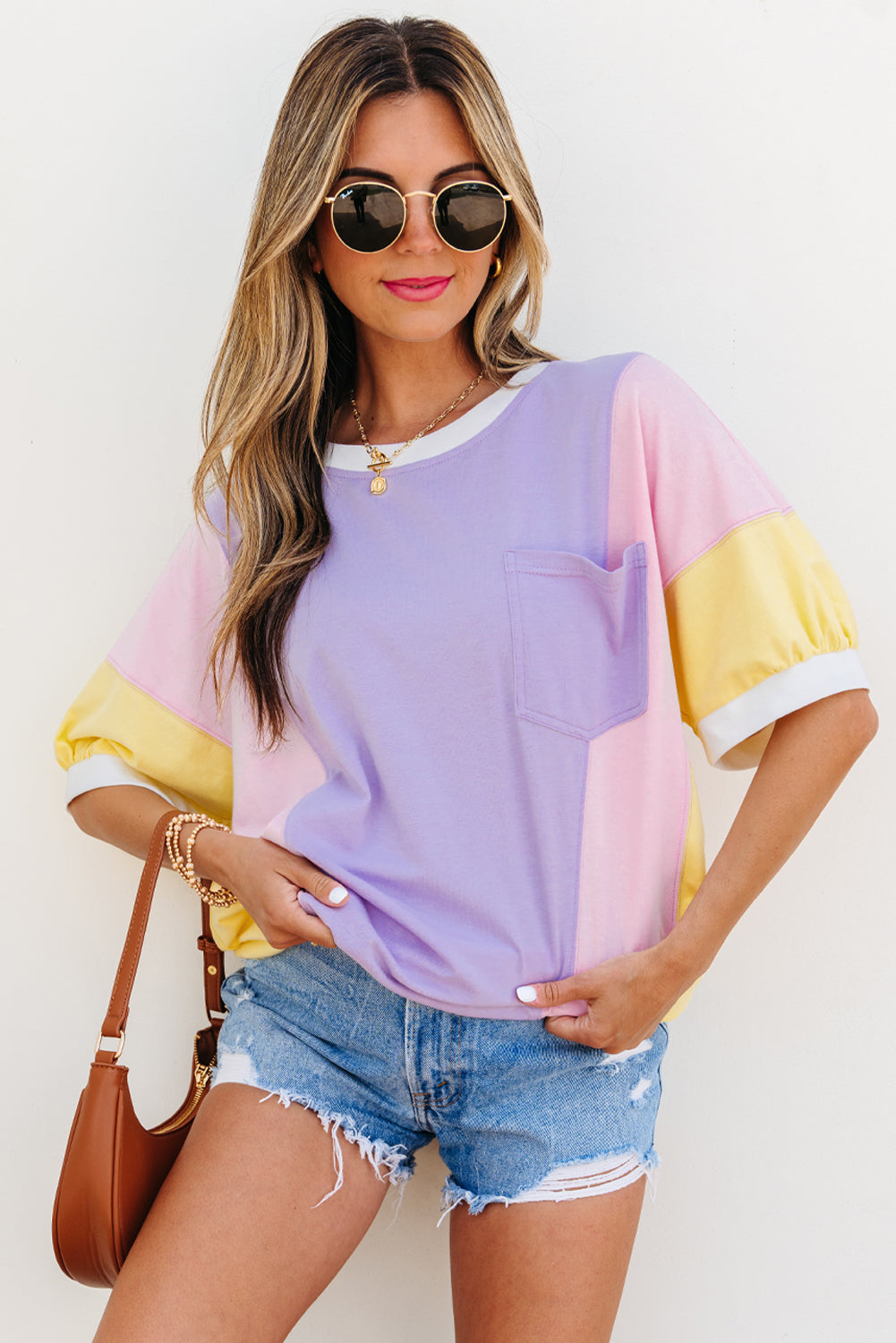 Purple Color Block Patchwork Half Sleeve Oversized Top