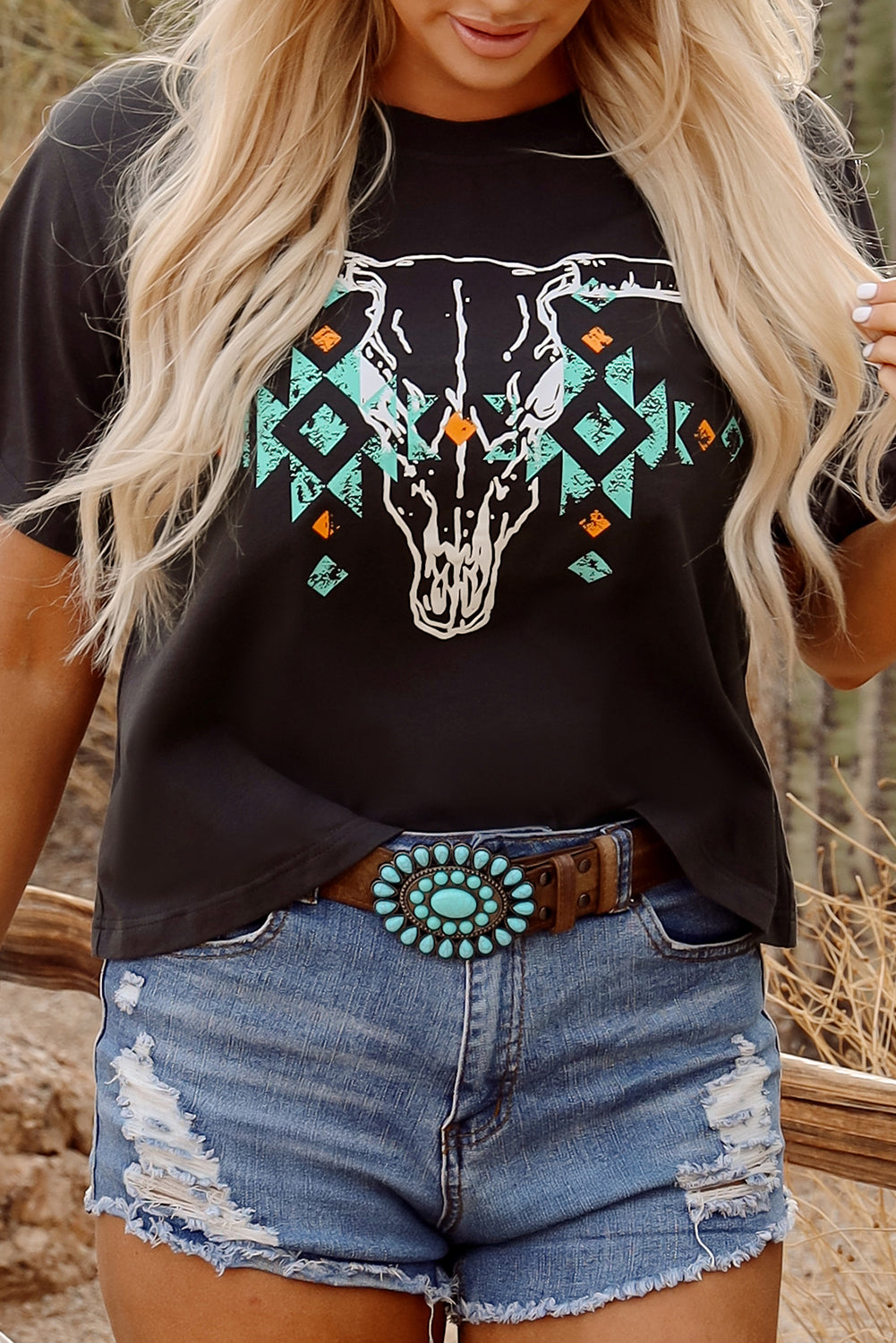 Carbon Grey Vintage Western Bull Head Skull Turquoise Aztec Graphic Top