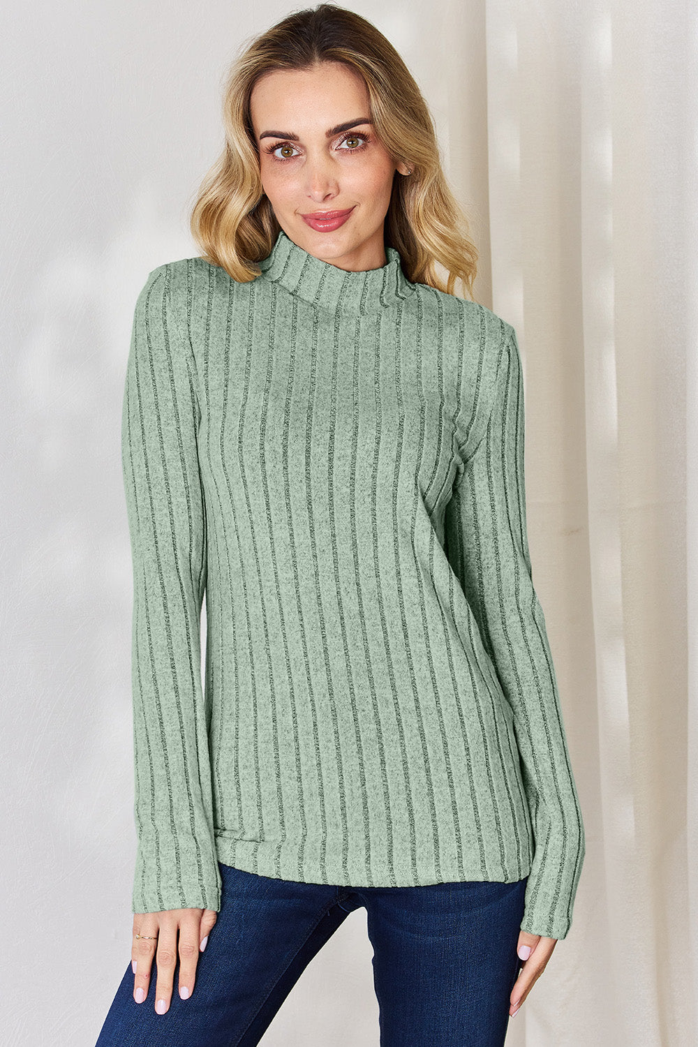 Basic Bae Full Size Ribbed Mock Neck Long Sleeve Top
