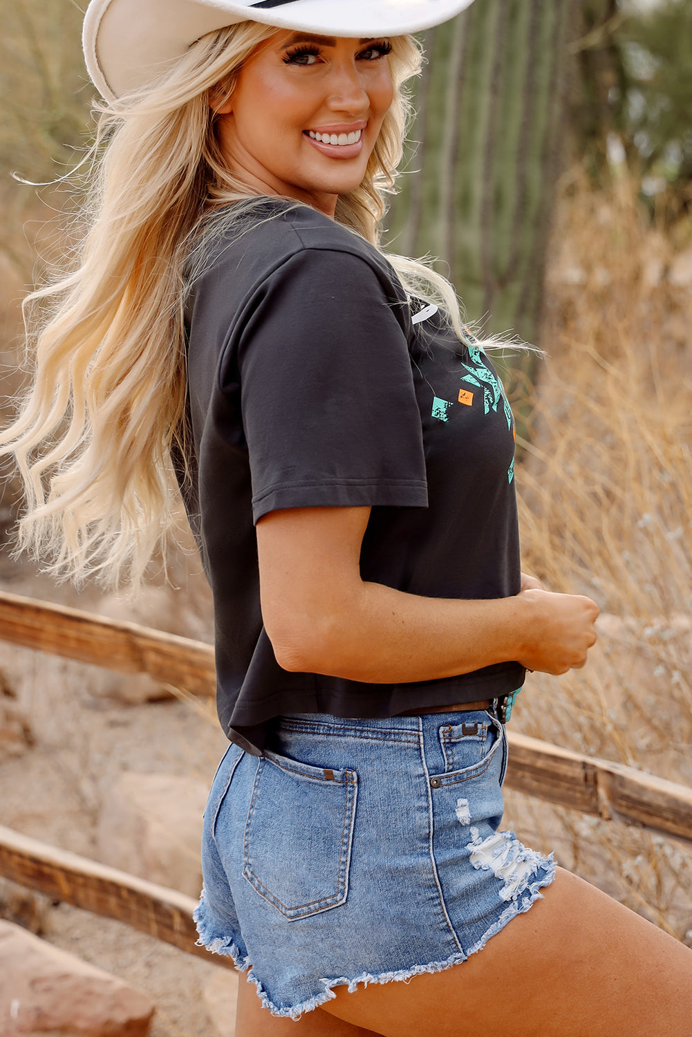 Carbon Grey Vintage Western Bull Head Skull Turquoise Aztec Graphic Top