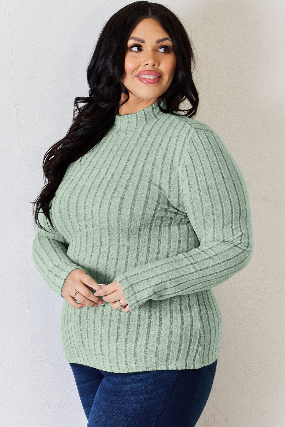 Basic Bae Full Size Ribbed Mock Neck Long Sleeve Top