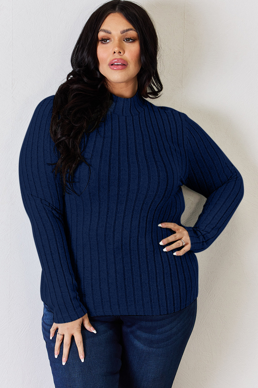 Basic Bae Full Size Ribbed Mock Neck Long Sleeve Top