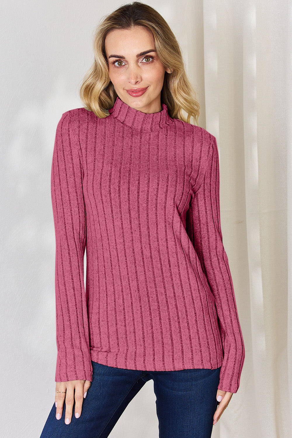 Basic Bae Full Size Ribbed Mock Neck Long Sleeve Top