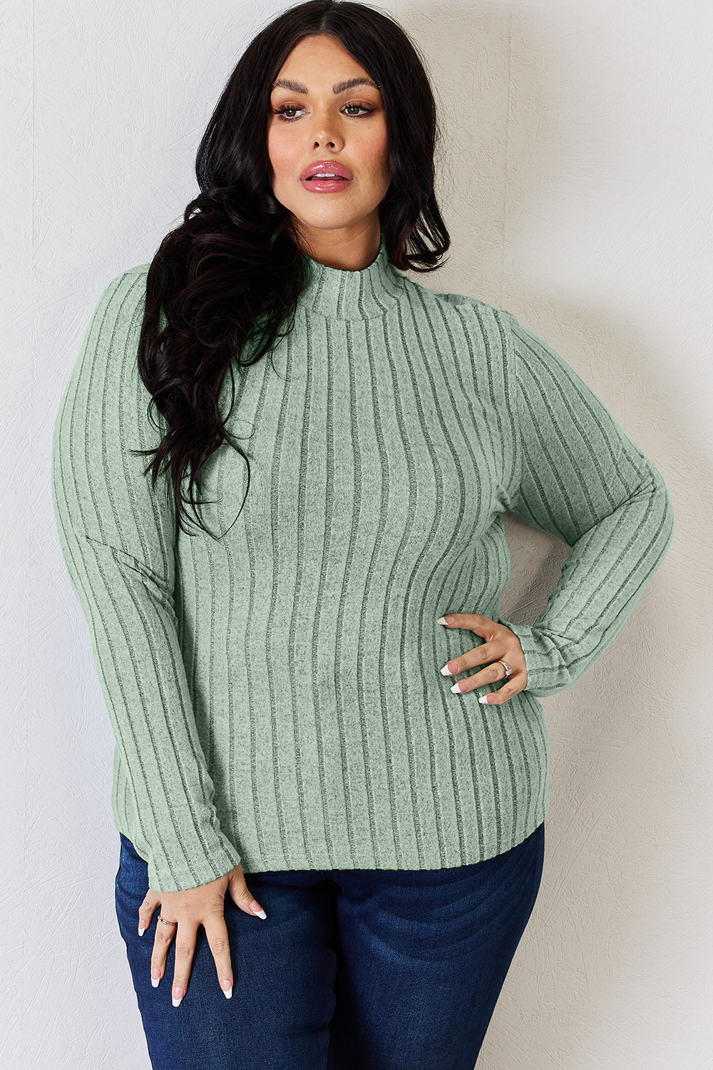 Basic Bae Full Size Ribbed Mock Neck Long Sleeve Top