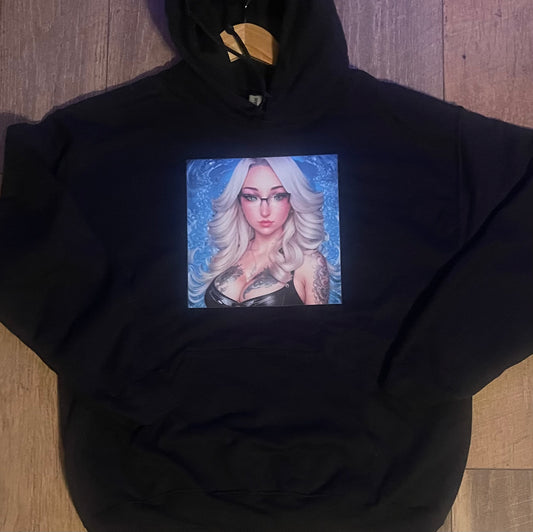 Solid hoodie with 🫧QŪ€€Ń🫧 anime type print