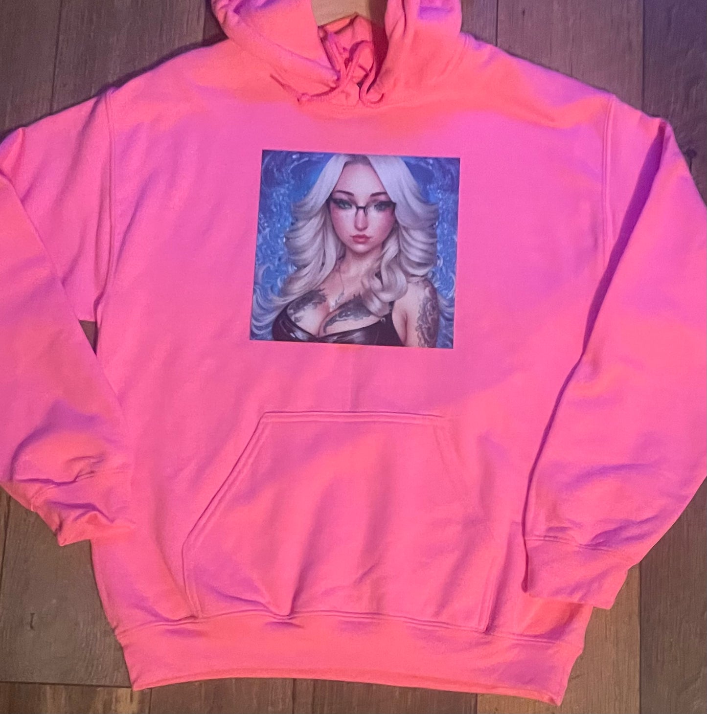 Solid hoodie with 🫧QŪ€€Ń🫧 anime type print