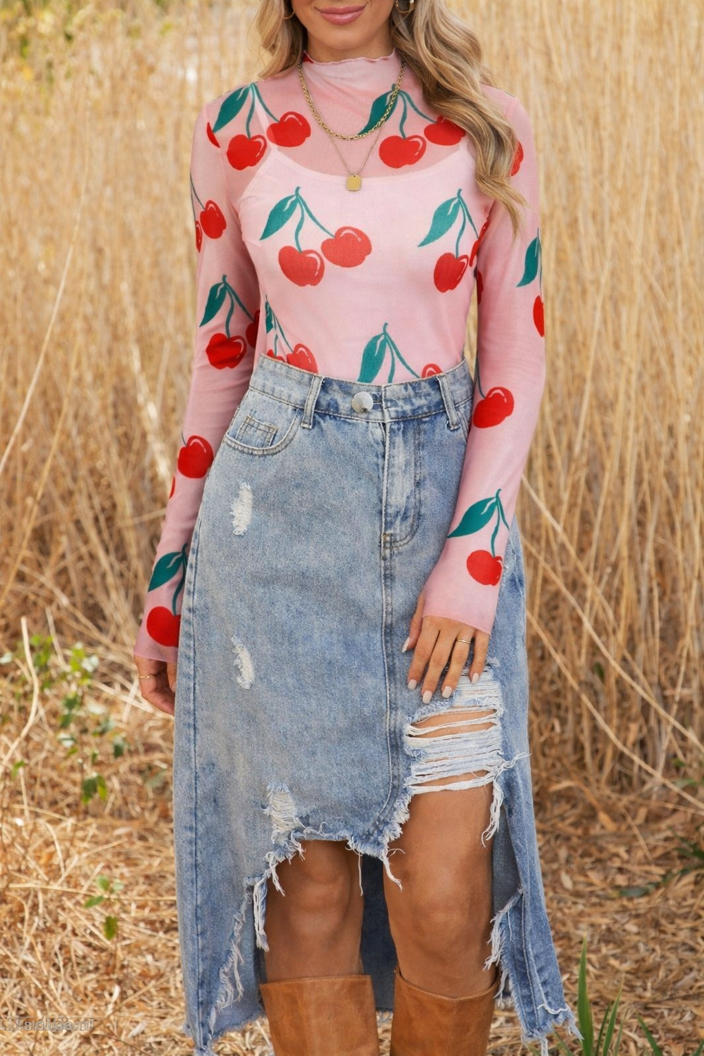 Cherry Lettuce Trim Long Sleeve Mesh Top