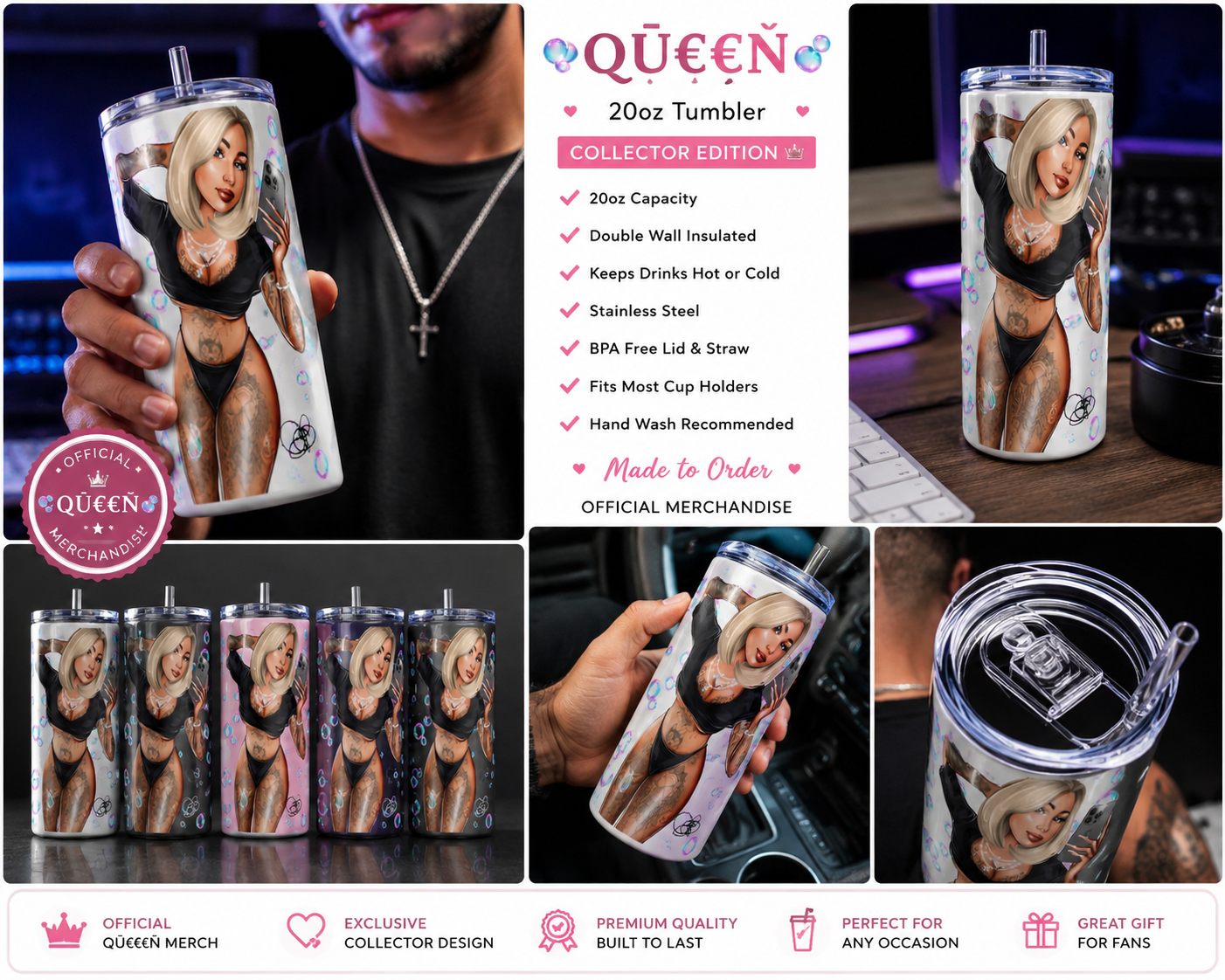 QŪ€€Ń Collector Edition 20oz Tumbler close up detail 