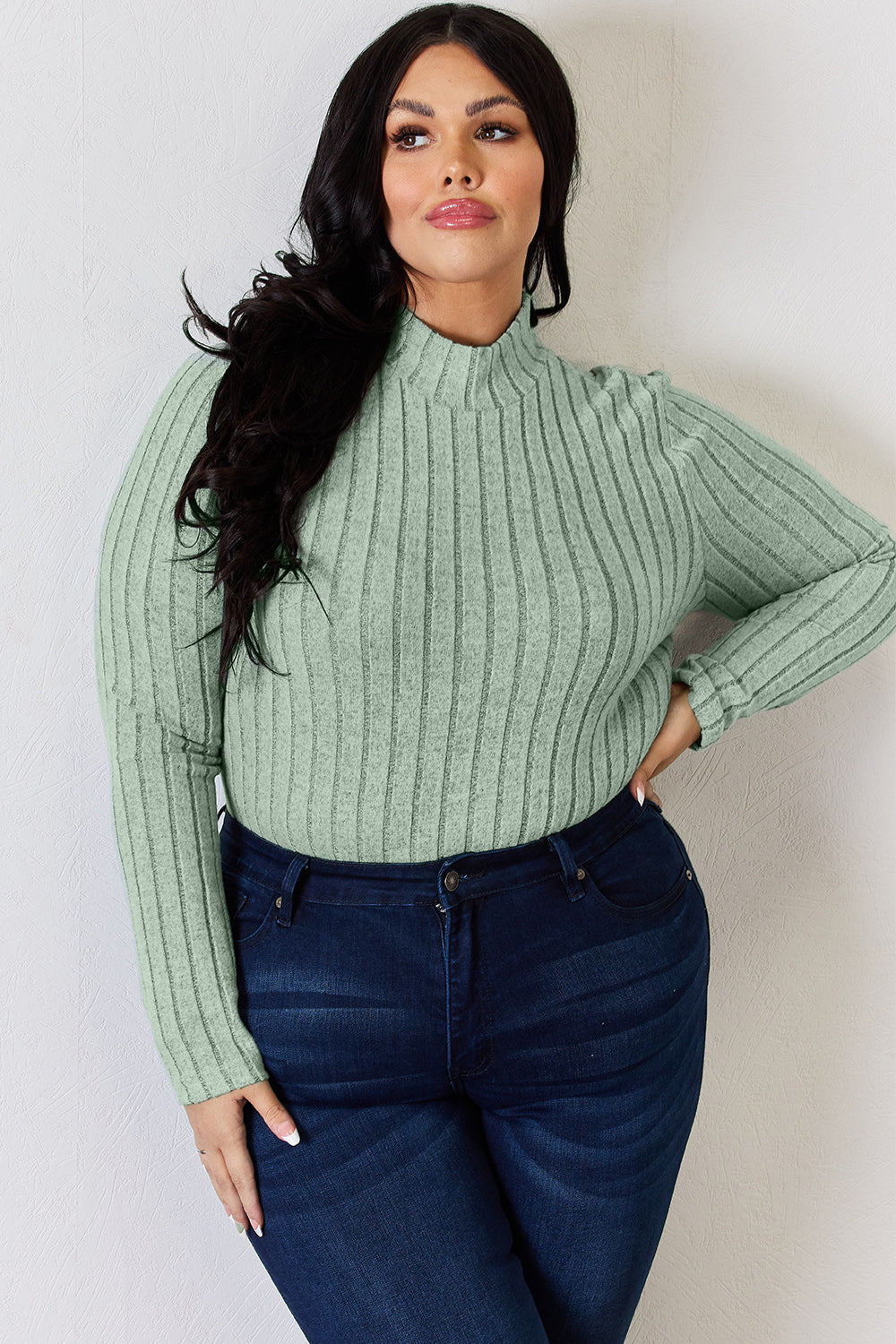 Basic Bae Full Size Ribbed Mock Neck Long Sleeve Top