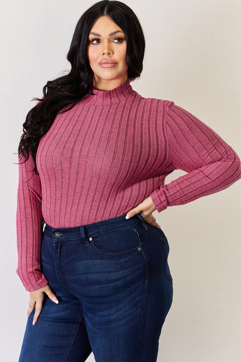 Basic Bae Full Size Ribbed Mock Neck Long Sleeve Top