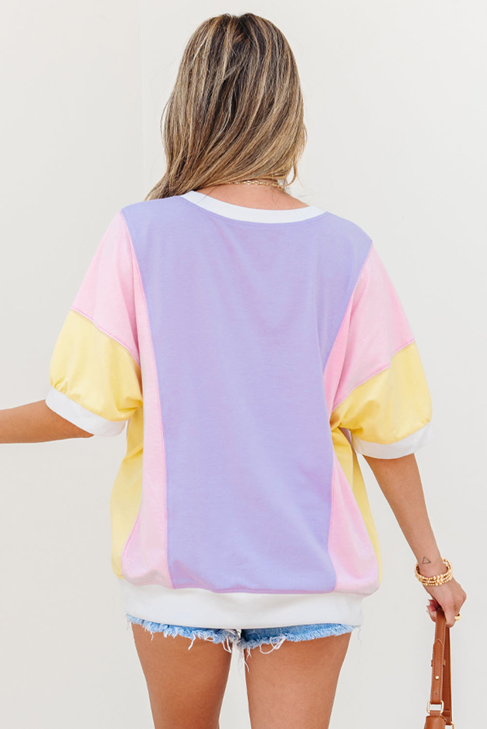 Purple Color Block Patchwork Half Sleeve Oversized Top