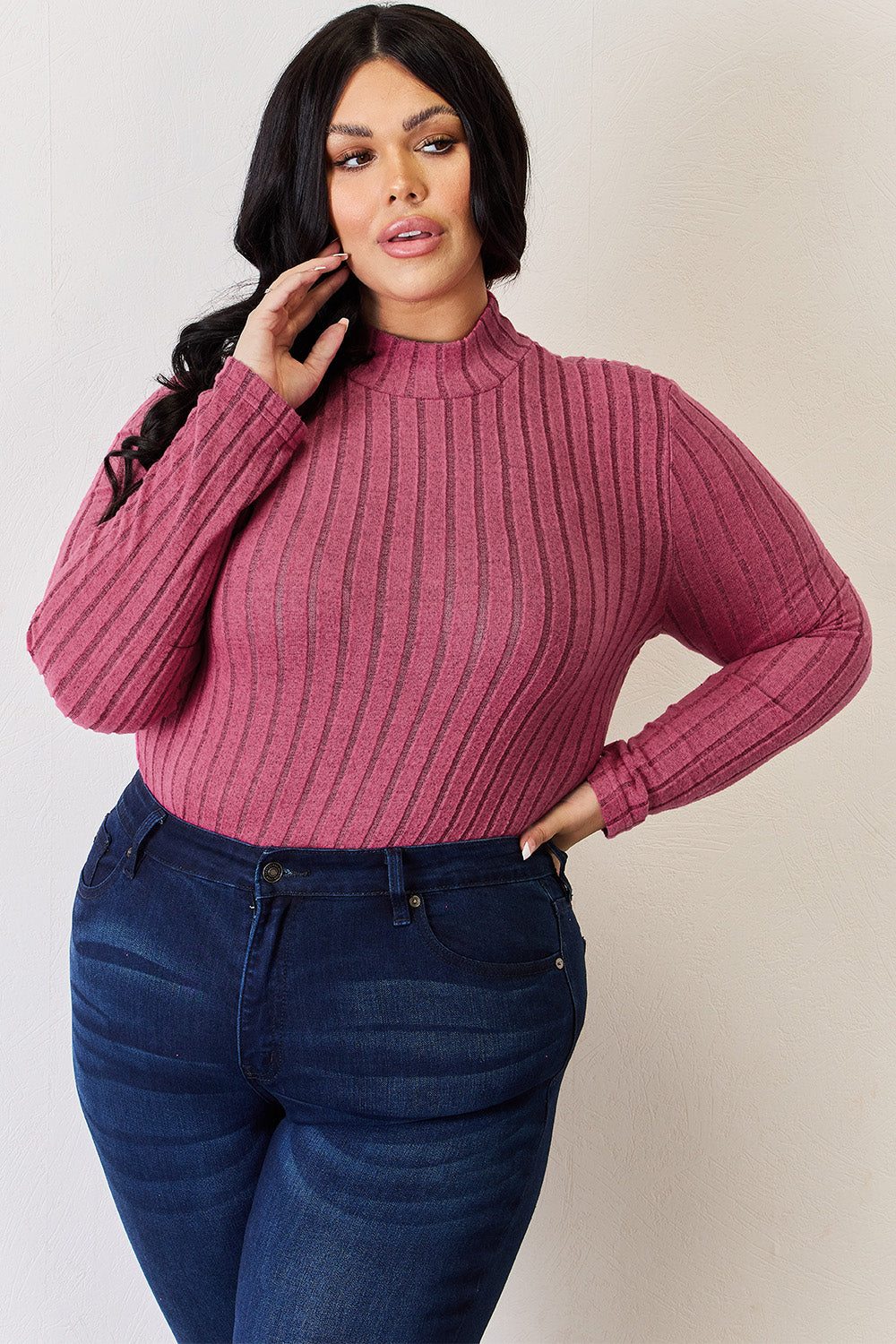 Basic Bae Full Size Ribbed Mock Neck Long Sleeve Top