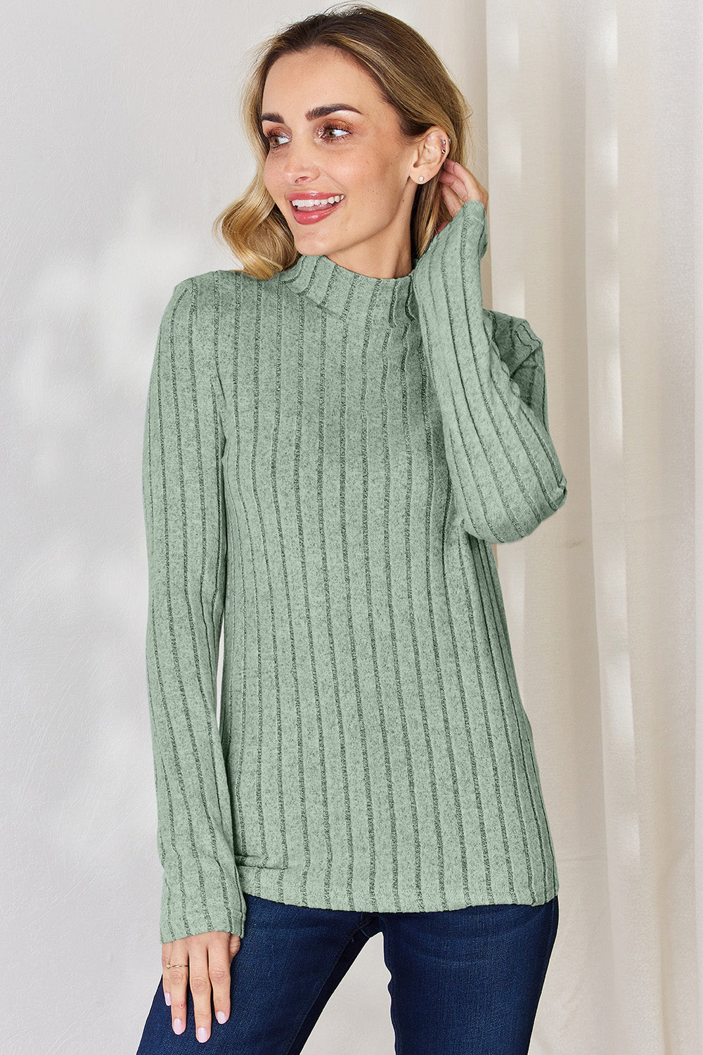 Basic Bae Full Size Ribbed Mock Neck Long Sleeve Top